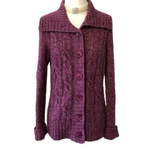 L.L. Bean Cable Knit Fisherman Wool Burgundy Shawl Collar Funnel neck Cardigan S